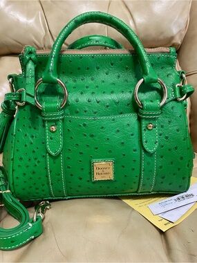 NEW Dooney & Bourke Kelly Green Pocket Satchel Ostrich Embossed Leather Tassel